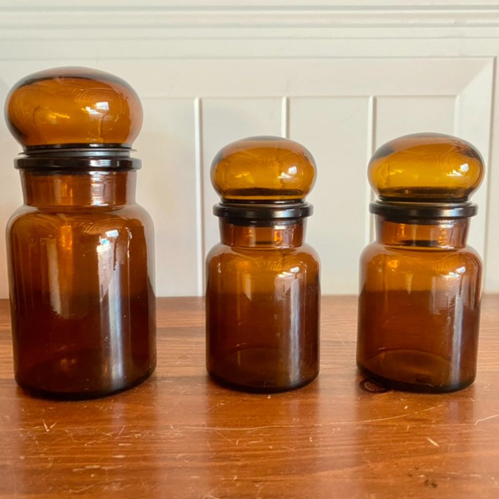 (3) Vintage Apothecary Vanity Jar Container Desk Lid Stopper Glass Belgium